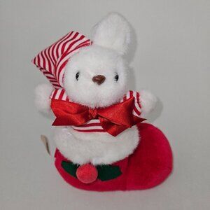 VTG Plush Factory 9" Christmas Decor White Bunny In Red Stocking